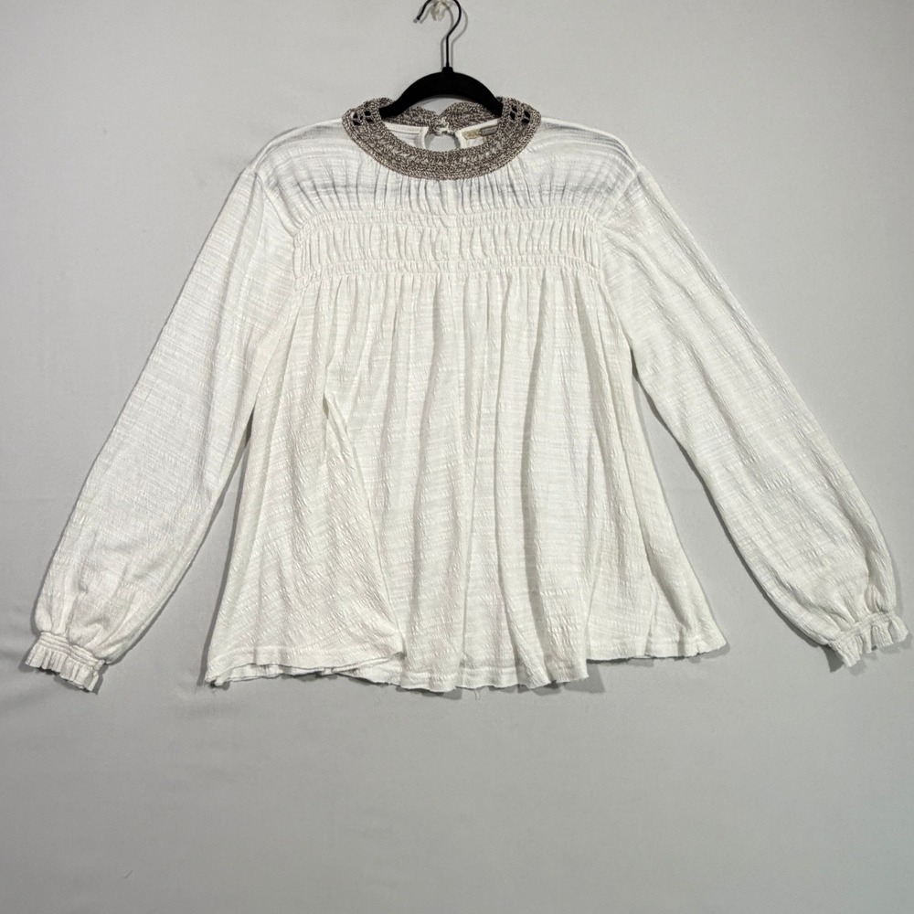 Gimmicks Women Long Sleeve Crochet Mock Neck Smocked Blouse White S Boho Top